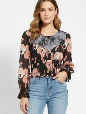 Free People Floral Lace Smocked Top Small Black Pink Romantic Boho